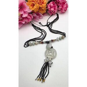 White Jade Tassel Pendant Necklace Multicolor Stone Black Bead 24" Boho Adj